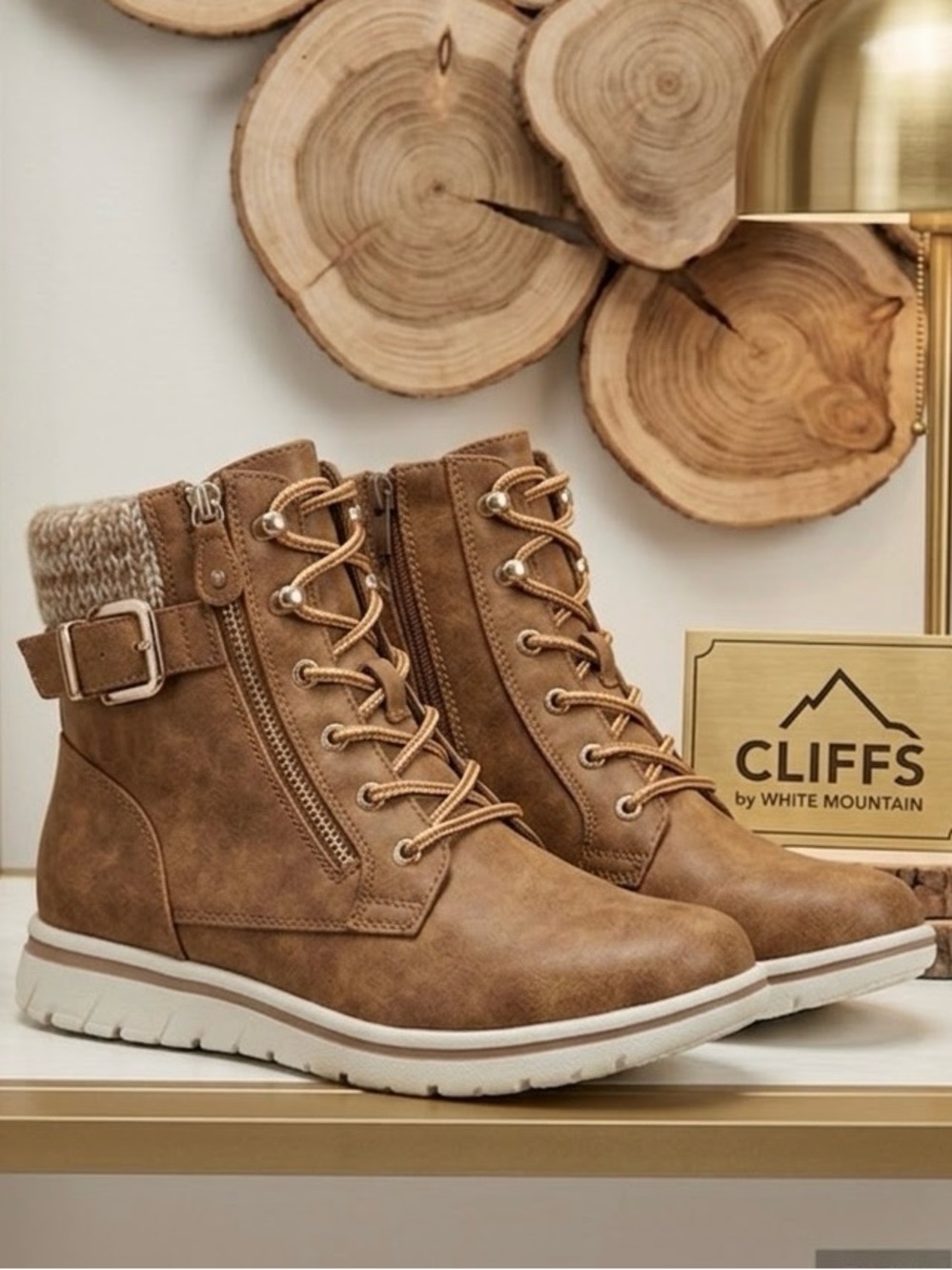 Cliffs by WHITE MOUNTAIN Tan/Brown Knit-Collar Lace-Up Ankle Boots